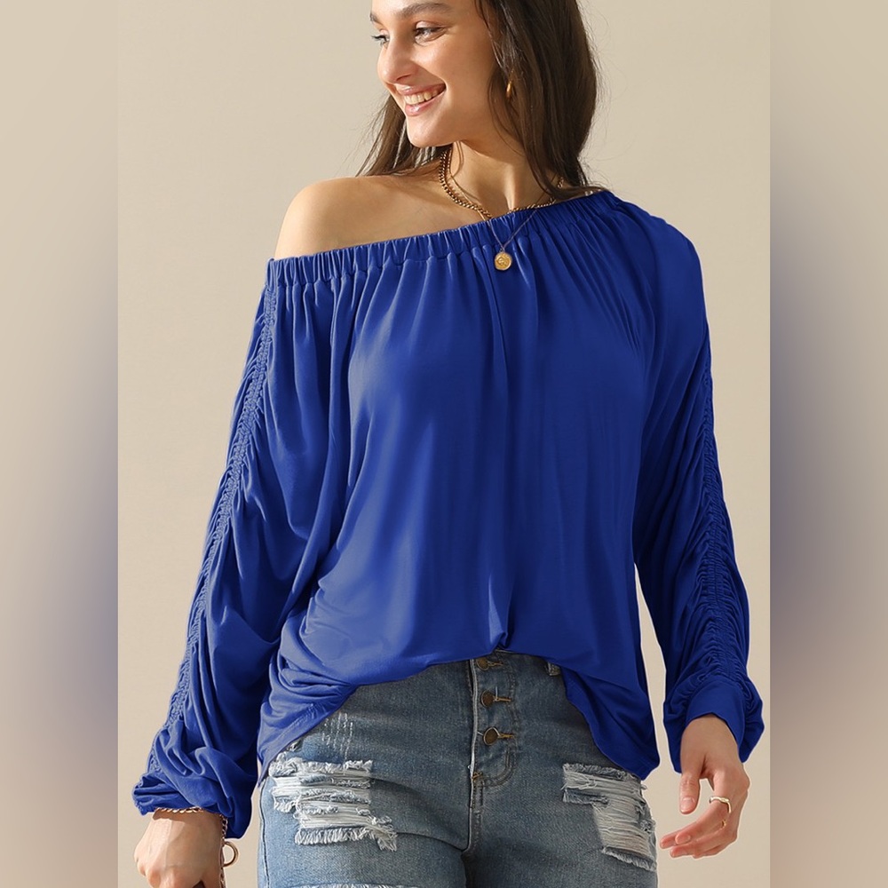 Boat Neck Off-Shoulder Long Sleeve Shirred Detailed Blouse | Blue